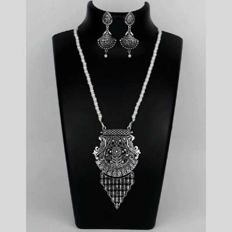 women’s classic necklaces-Mahavir Oxidised Plated Long Pearls Necklace Set