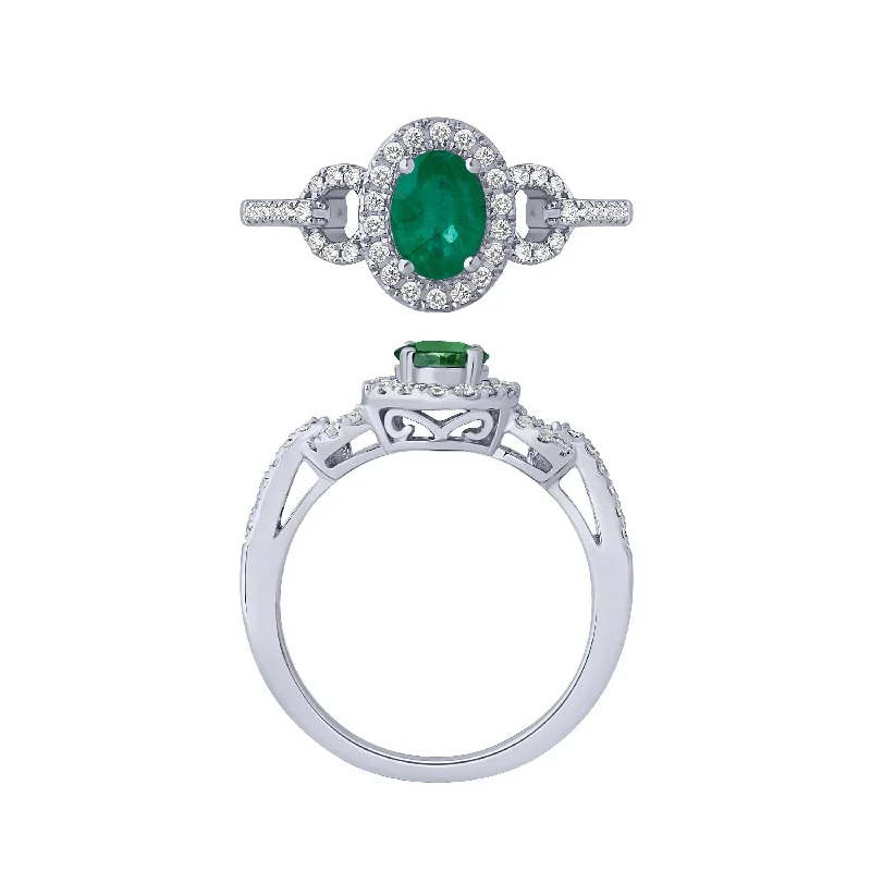 women’s side-stone engagement rings-14K White Gold Emerald And Diamond Ring