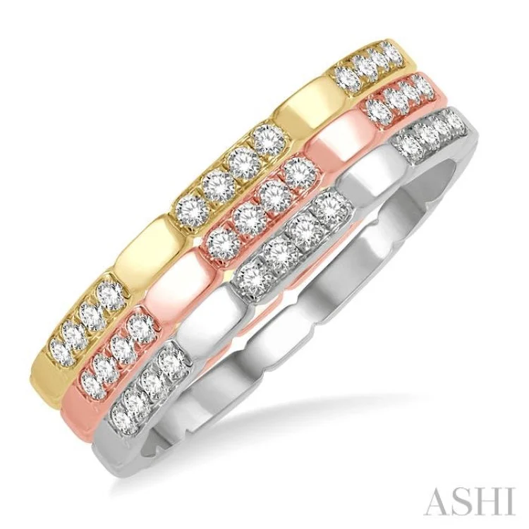 women’s pearl rings-1/3 ctw Triple Tone Round Cut Diamond Stackable Band Set in 14K White, Rose and Yellow Gold