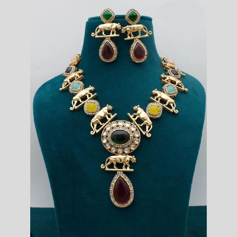 women’s anniversary necklaces-JCM Gold Plated Pota Stone Sabyasachi Style Necklace Set