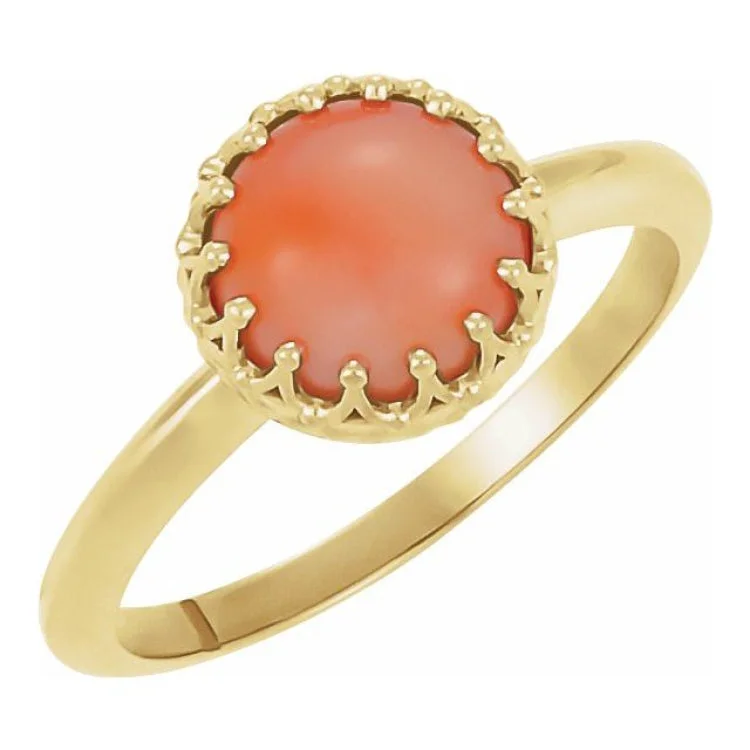 women’s custom birthstone rings-14K Yellow 5 mm Natural Pink Coral Crown Cabochon Ring