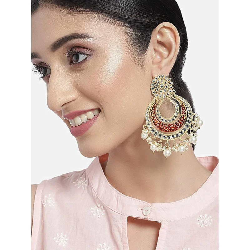 women’s long dangly earrings-Etnico 18k Gold Plated Enamel/Meenakari Big Chandbali Earrings Glided With Kundan & Pearl for Women (E2860M)