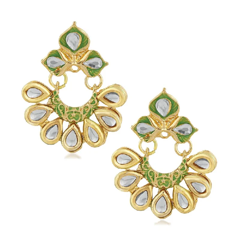 women’s silver drop earrings-Mahi Traditional Floral Chandbali Kundan and Green Meenakariwork Earrings for Women (ER1109676G)