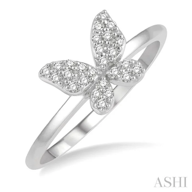 women’s art deco rings-1/6 Ctw Butterfly Motif Round Cut Diamond Petite Fashion Ring in 14K White Gold