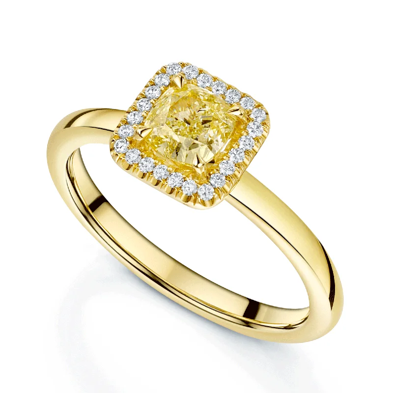 women’s brilliant cut diamond engagement rings-18ct Yellow Gold Cushion Cut Halo Yellow Diamond Ring