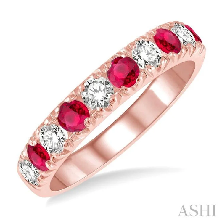 women’s luxury rings-1/2 ctw Round Cut Diamond and 2.9MM Ruby Precious Wedding Band in 14K Rose Gold