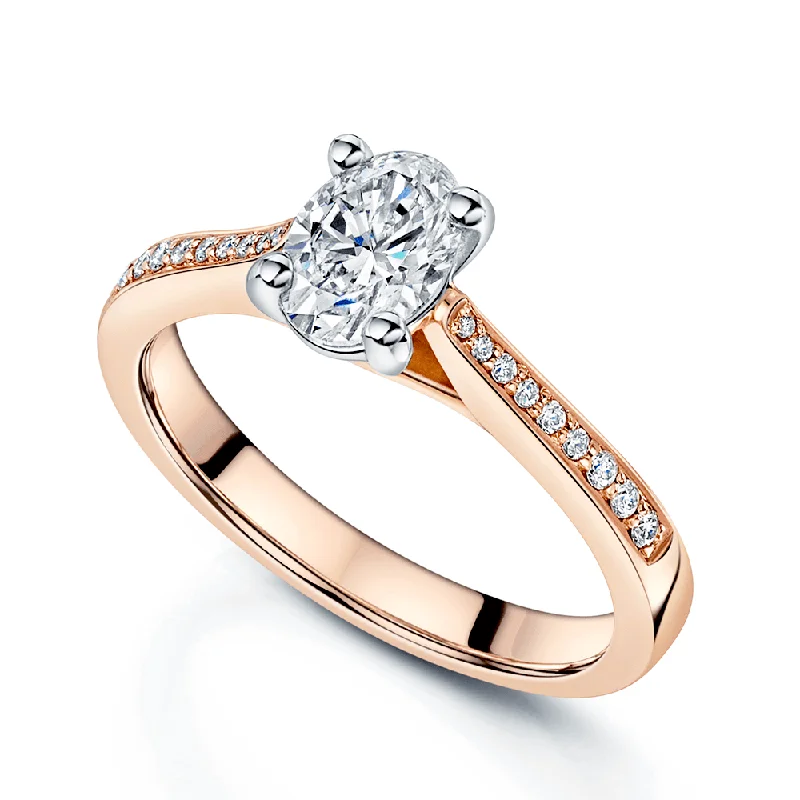 women’s three-stone engagement rings-18ct Rose Gold GIA Certificated 0.74 Carat Oval Cut Diamond Ring With Diamond Set Shoulders