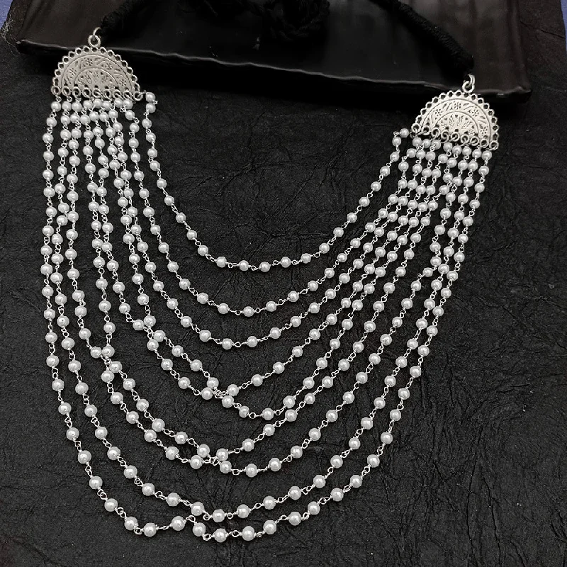 women’s layered necklaces-Deep Jewell Oxidised Plated Pearl Long Necklace