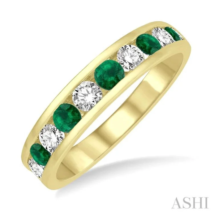 women’s engagement rings with diamonds-1/2 ctw Round Cut Diamond and 2.9MM Emerald Precious Wedding Band in 14K Yellow Gold