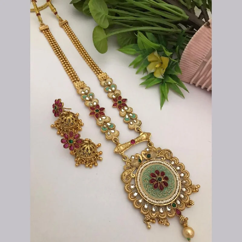 women’s flower pendant necklaces-FS Collection Gold Plated Kundan Stone Long Necklace Set