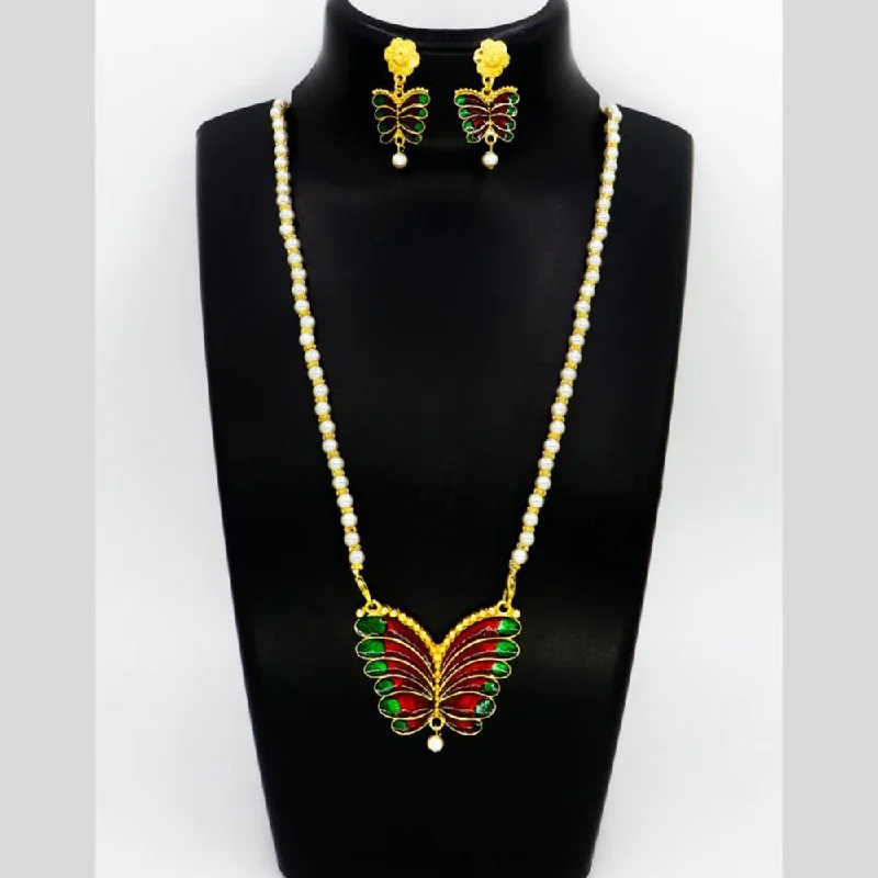 women’s adjustable pendant necklaces-Mahavir Gold Plated Pearls And Meenakari Long Necklace Set