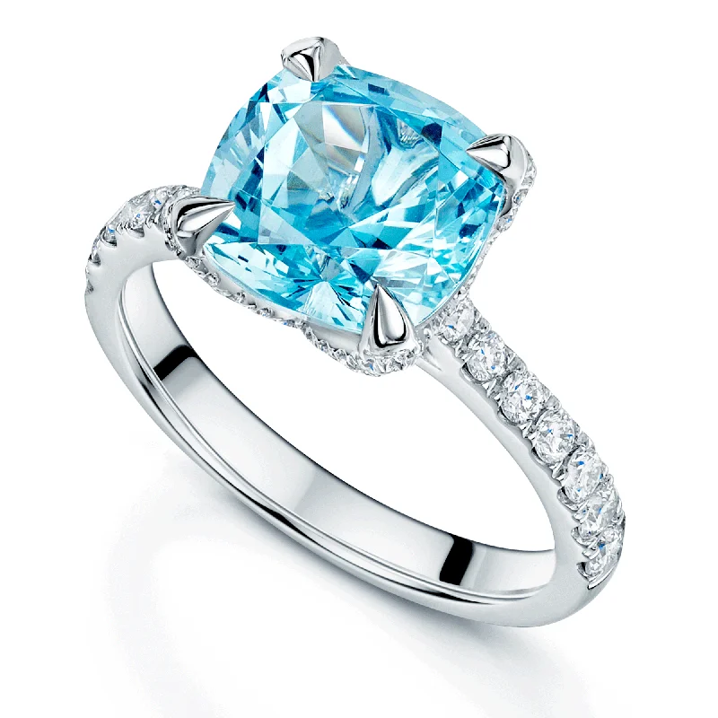 women’s round sapphire engagement rings-Platinum Cushion Cut Aquamarine & Diamond Ring