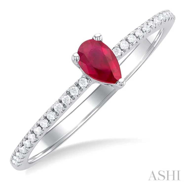 women’s cushion-cut engagement rings-1/10 ctw Petite 5X3MM Pear Cut Ruby and Round Cut Diamond Precious Fashion Ring in 10K White Gold