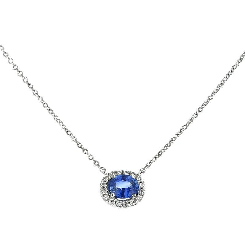 women’s name necklaces-Oval Sapphire and Diamond Halo Pendant Necklace