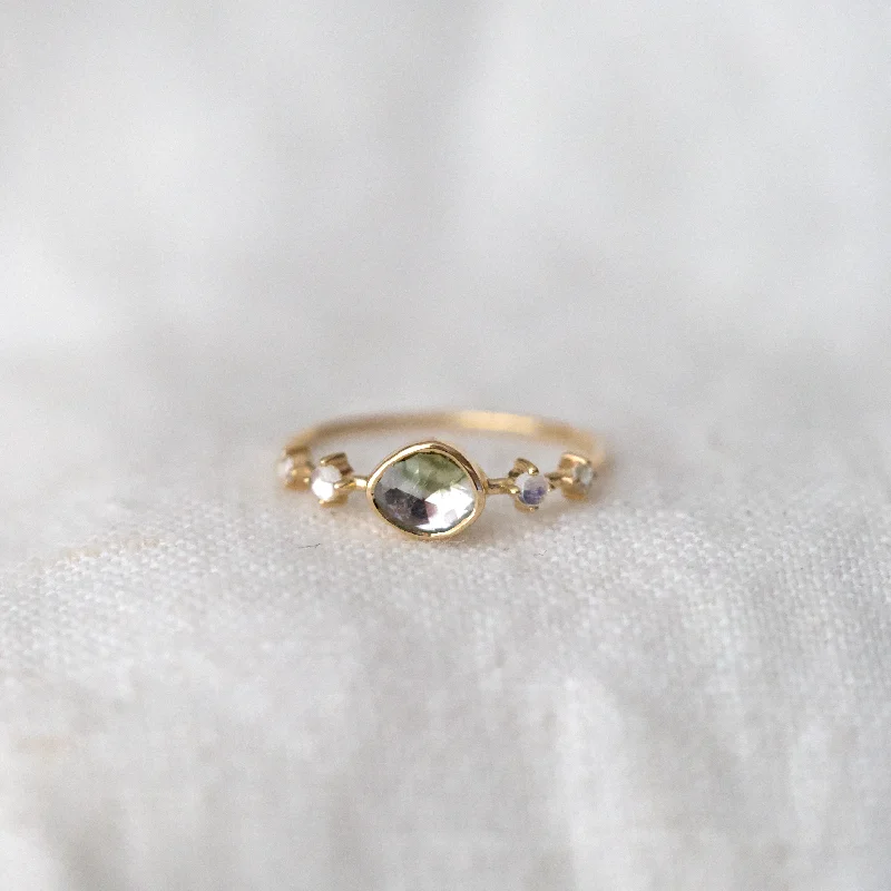 women’s fancy cut engagement rings-Tourmaline, Moonstone and Diamond ring