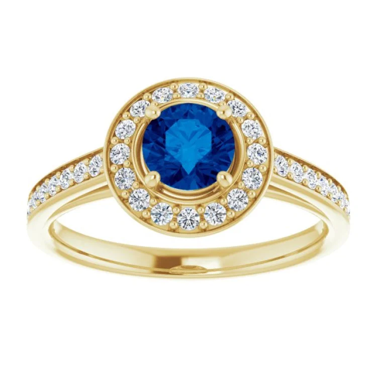 women’s halo engagement rings-14K Yellow Lab-Grown Blue Sapphire & 1/3 CTW Natural Diamond Ring