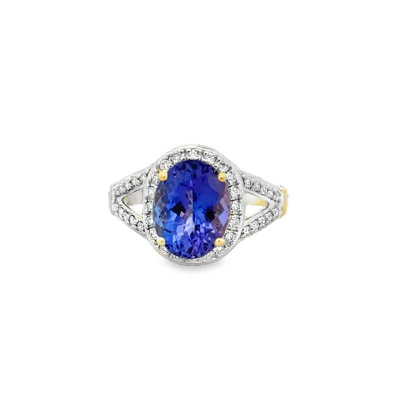 women’s cushion cut diamond engagement rings-Tanzanite and Diamond Ring in Yellow Gold