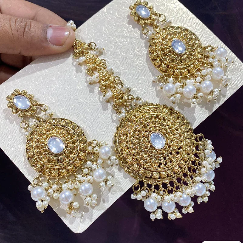 women’s clip-on hoop earrings-Rani Sati Jewels Gold Plated Pearl Dangler Earrings With Mangtikka