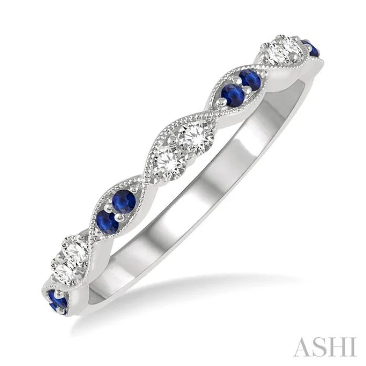 women’s ring sets-1.35 MM Round Cut Sapphire and 1/5 Ctw Round Cut Diamond Half Eternity Wedding Band in 14K White Gold