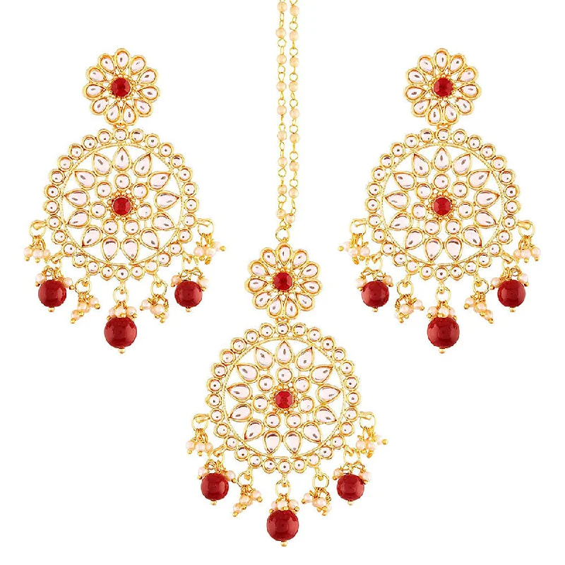 women’s gemstone earrings-Etnico 18K Gold Plated Traditional Kundan & Pearl Studded Chandbali Earrings With Maang Tikka Set (TE2462M)