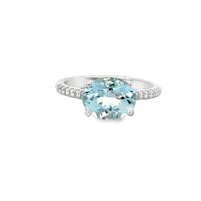 women’s gold diamond engagement rings-Aquamarine and Diamond Ring in White Gold