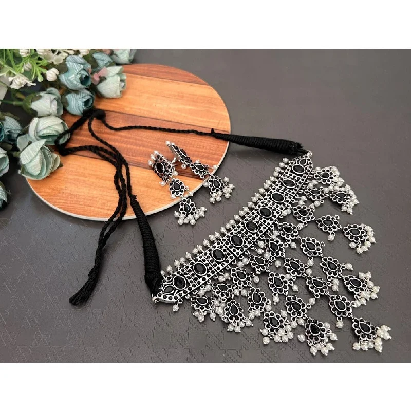 women’s silver chain necklaces-Akruti Collection Oxidised Plated Pota Stone Choker Necklace Set