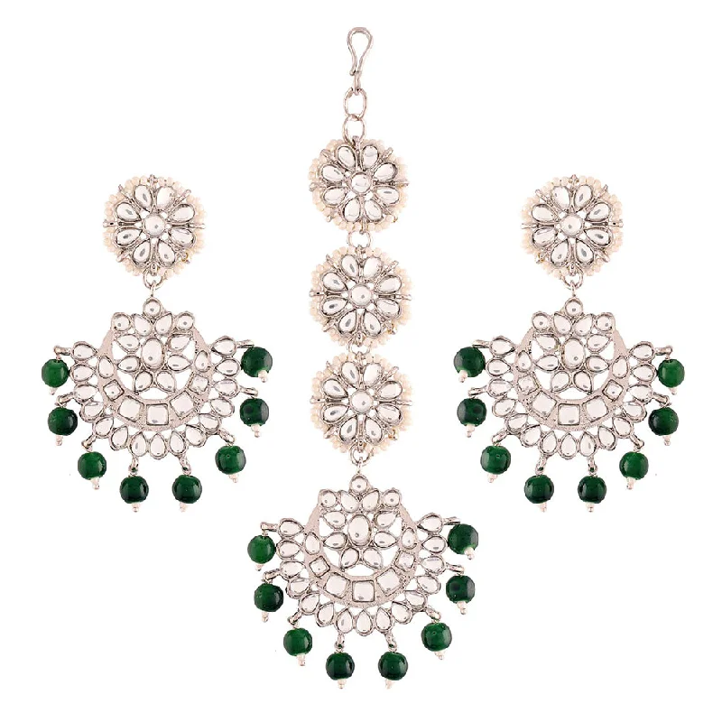 women’s multicolor earrings-Etnico18K Rhodium Plated with Stunning Matte Finish Traditional Kundan & Faux Pearl Chandbali Earrings with Maang Tikka Set (TE2911ZG)