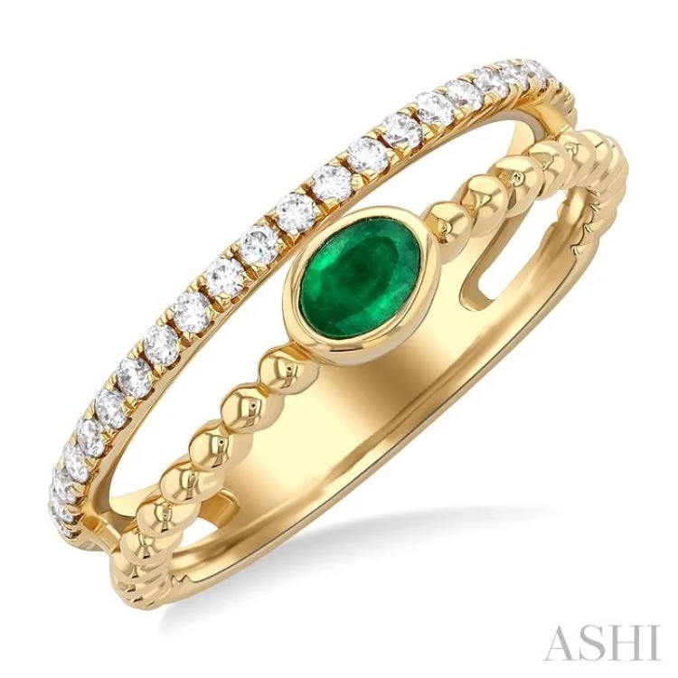 women’s mixed metal rings-1/5 ctw round Cut Diamonds and 4X3MM Oval Shape Emerald Precious Fashion Split Twin Ring in 10K Yellow Gold