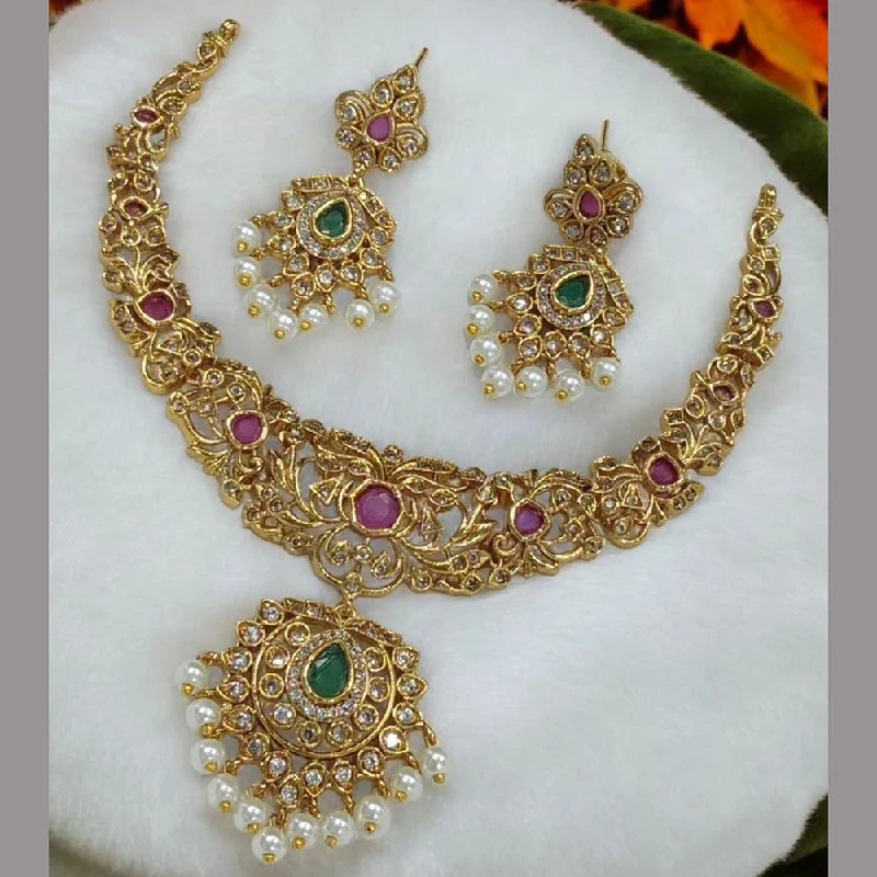 women’s ruby necklaces-Sona Creation Gold Plated Pota Stone And Pearls Necklace Set