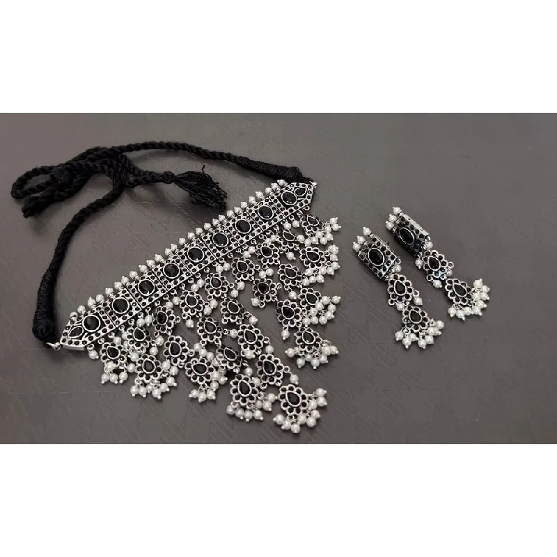 women’s silver charm necklaces-Akruti Collection Oxidised Plated Pota Stone Necklace Set