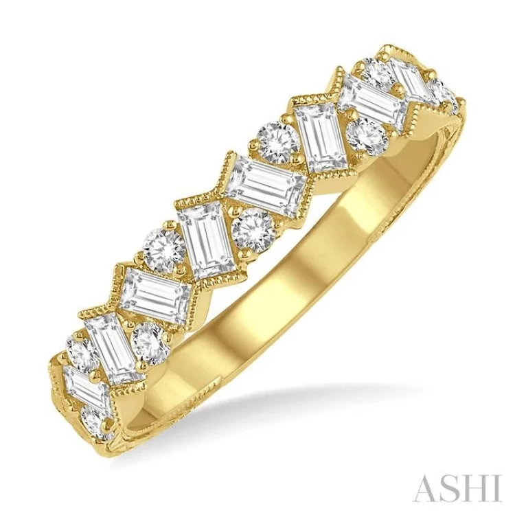 women’s yellow gold engagement rings-5/8 Ctw Zigzag Baguette and Round Cut Diamond Ring in 14K Yellow Gold