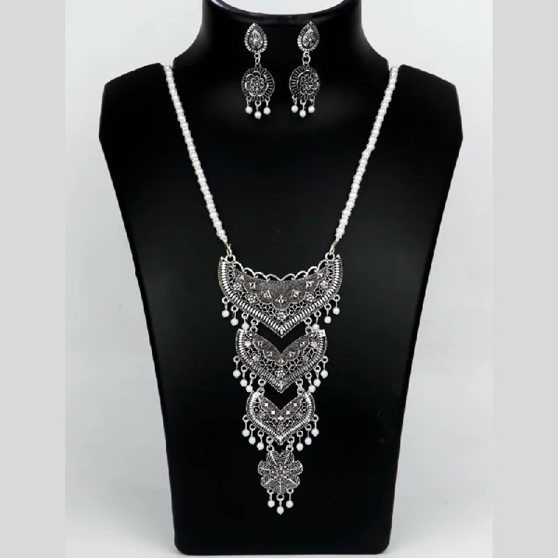 women’s celestial necklaces-Mahavir Oxidised Plated Long Pearls Necklace Set