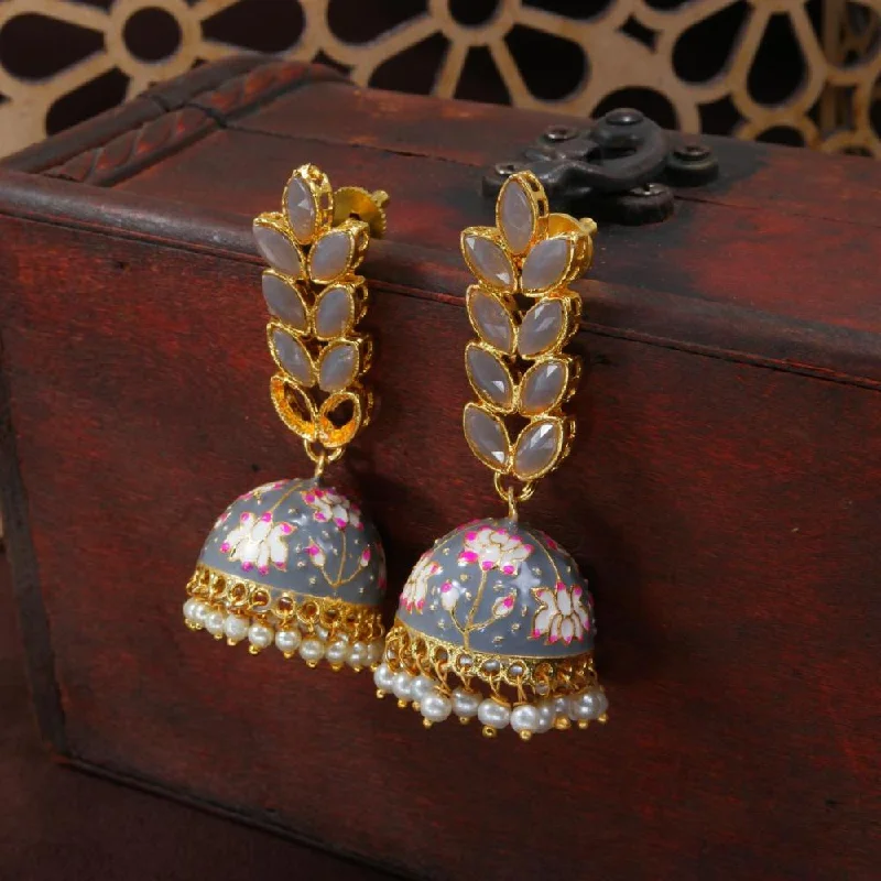 women’s multicolor earrings-Etnico Gold Plated Meenakari Leaf Shaped Pearl Drop Jhumka Earrings For Women (E2922Gr)