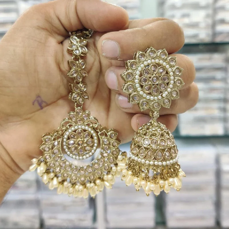 women’s luxury diamond earrings-Kavita Art Gold Plated Crystal Stone And Pearl Earrings With Mangtikka