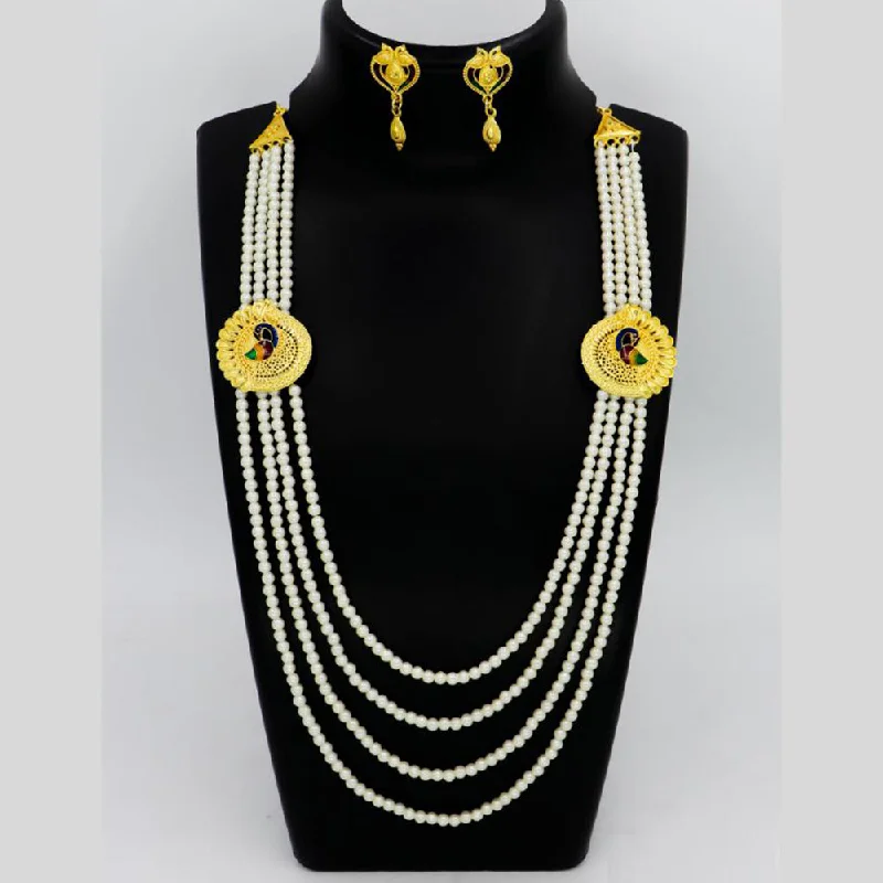 women’s personalized birthstone necklaces-Mahavir Gold Plated Pearls And Meenakari Long Necklace Set