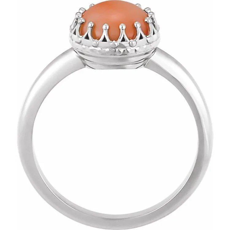 women’s wedding bands-Sterling Silver 5 mm Natural Pink Coral Crown Cabochon Ring