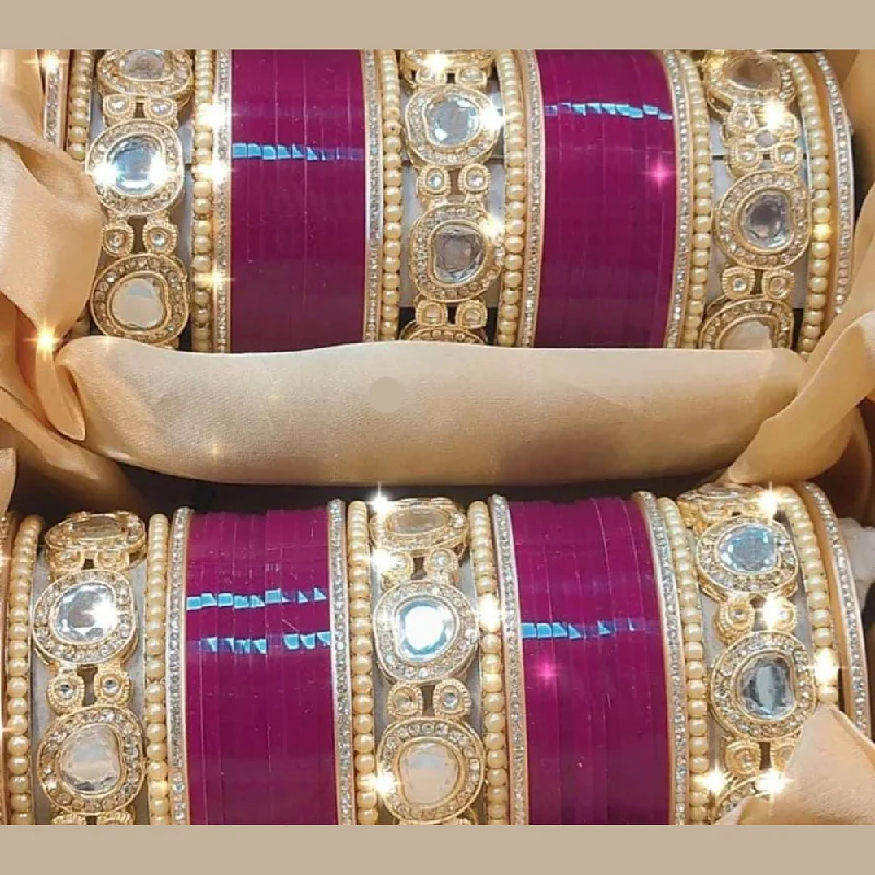 women’s pearl bracelets-Pooja Bangles Gold Plated Crystal Stone Acrylic Bangles Set