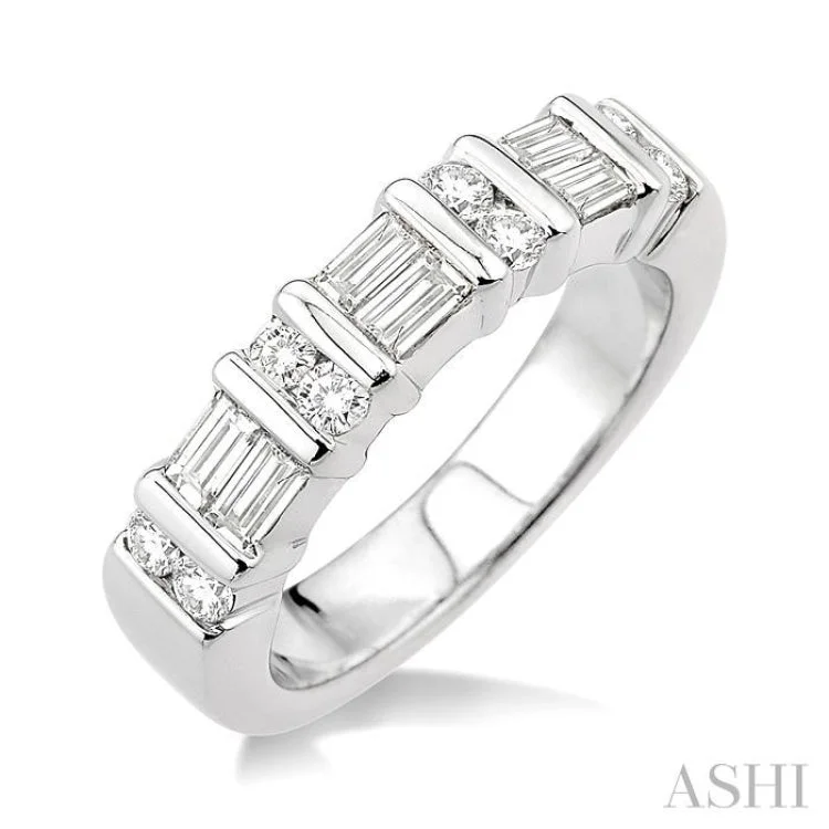 women’s promise rings with diamonds-1 Ctw Baguette and Round Cut Diamond Fashion Band in 14K White Gold