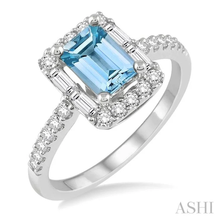 women’s bridal diamond engagement rings-7x5 MM Emerald Cut Aquamarine and 1/2 Ctw Diamond Ring in 14K White Gold