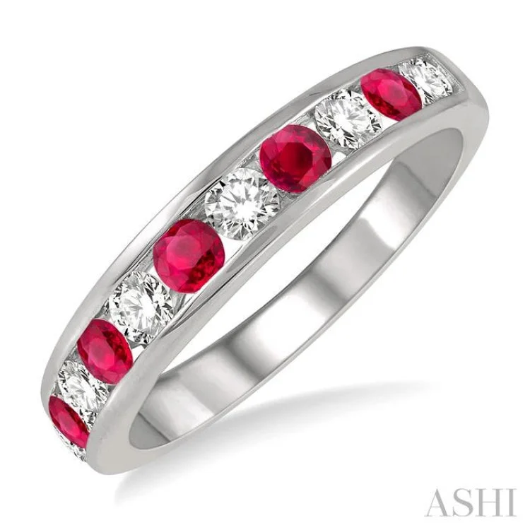 women’s birthstone rings for women-3/8 ctw Round Cut Diamond and 2.6MM Ruby Precious Wedding Band in 14K White Gold