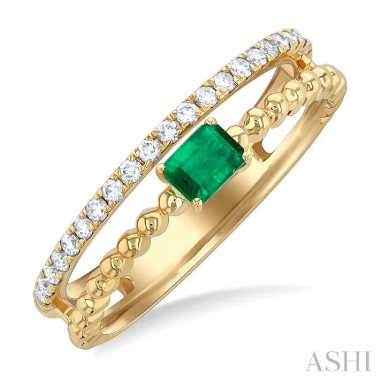 women’s stackable wedding rings-1/5 ctw Round Cut Diamond and 4X3MM Emerald Precious Split Twin Ring in 10K Yellow Gold