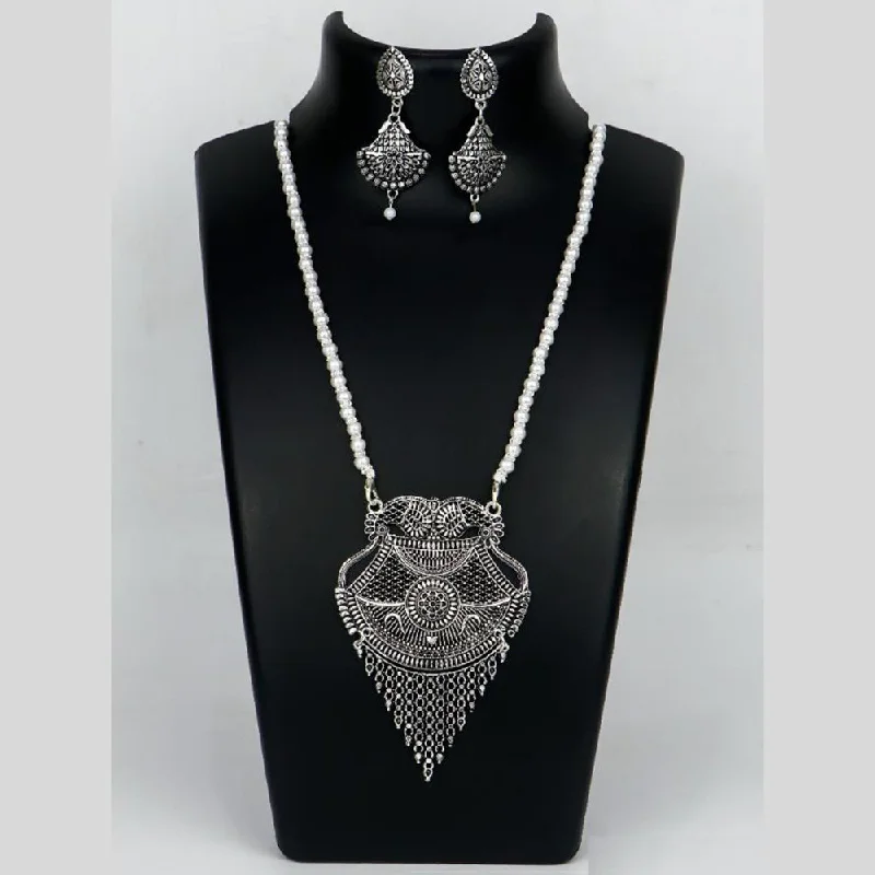 women’s silver pendants with chains-Mahavir Oxidised Plated Long Pearls Necklace Set