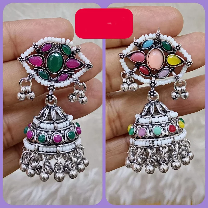 women’s cute earrings-Abhinandan Oxodised Plated Pota Stone And Ghungroo Jhumki Earrings (Assorted Color)