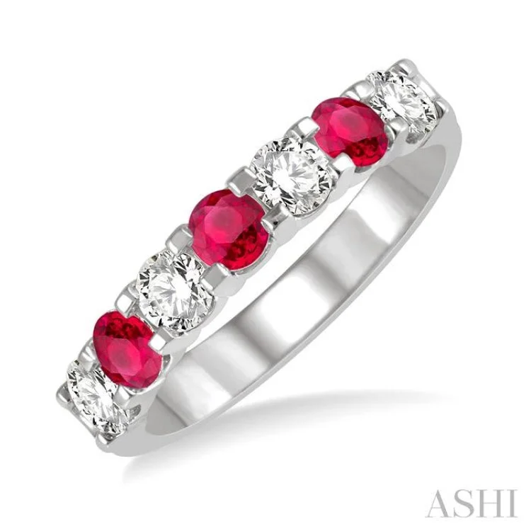 women’s art deco rings-1/2 ctw Round Cut Diamond and 3.3MM Ruby Precious Wedding Band in 14K White Gold