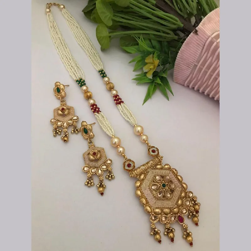 women’s luxury gold necklaces-FS Collection Gold Plated Pota Stone And Pearls Long Necklace Set