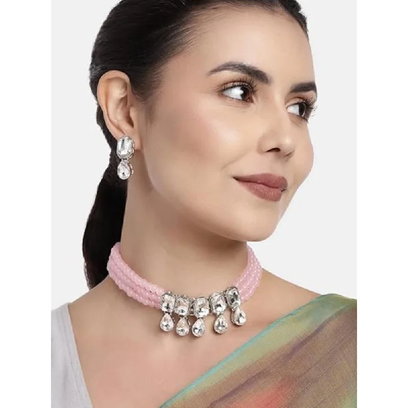 women’s simple necklaces-Etnico Silver Plated Traditional Stone Studded Pearl Choker Necklace with Earrings Set For Women (ML249ZPi)