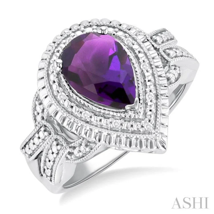 women’s birthstone rings for women-1/20 ctw Pear Cut 10X7MM Amethyst and Round Cut Diamond Semi Precious Ring in Sterling Silver