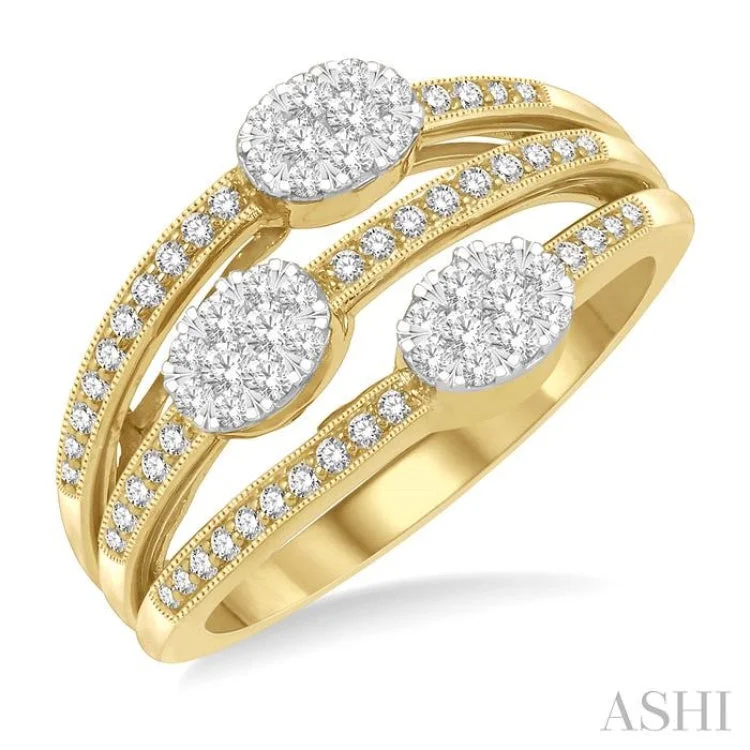 women’s stackable engagement rings-3/8 Ctw Triple Oval Mount Split Shank Lovebright Round Cut Diamond Ring in 14K Yellow and White Gold