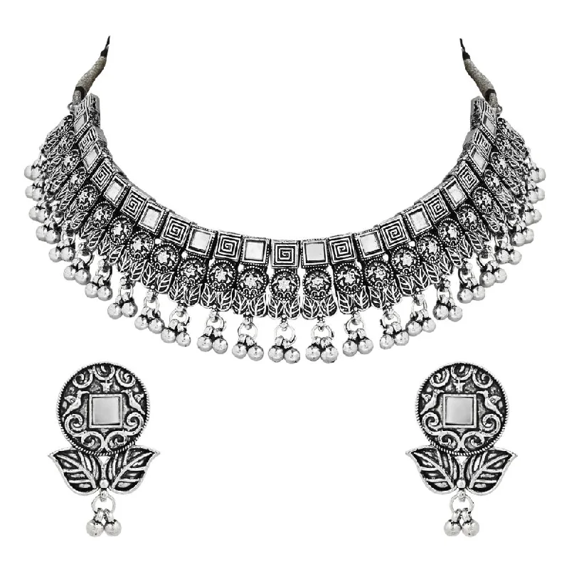 women’s statement necklaces-Etnico Ethnic Silver Oxidized Traditional Afghani Choker Necklace Jewellery Set for Women (MC135OX)