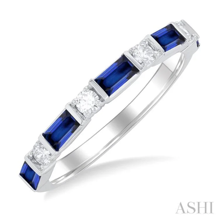 women’s custom-designed rings-1/5 ctw Art Deco 4X2MM Baguette Cut Sapphire and Round Cut Diamond Precious Band in 14K White Gold